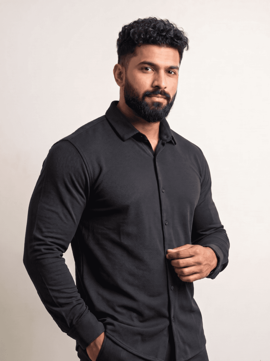 VERSIQ Full-Sleeve Pique Shirt - Black