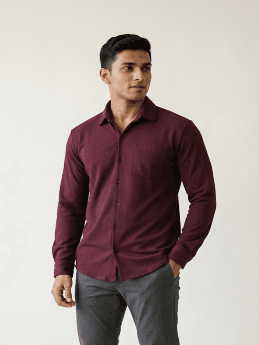 VERSIQ Full-Sleeve Pique Shirt - Wine