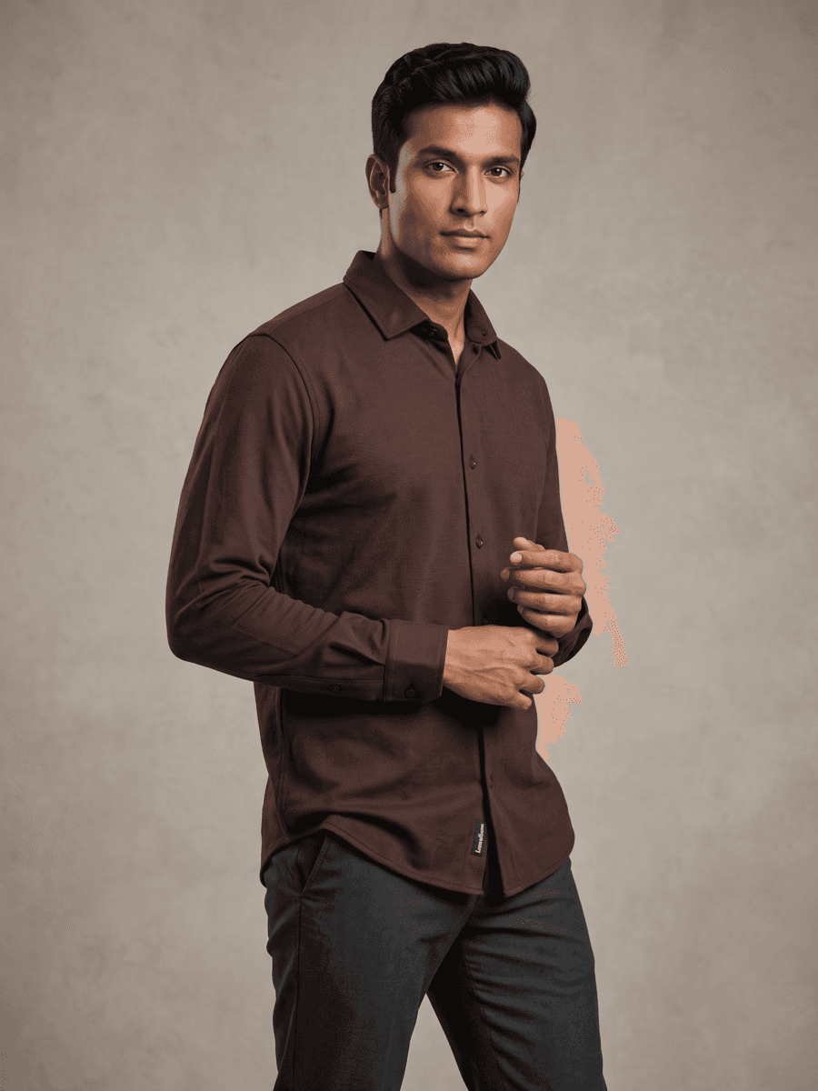 VERSIQ Full-Sleeve Pique Shirt - Dark Brown