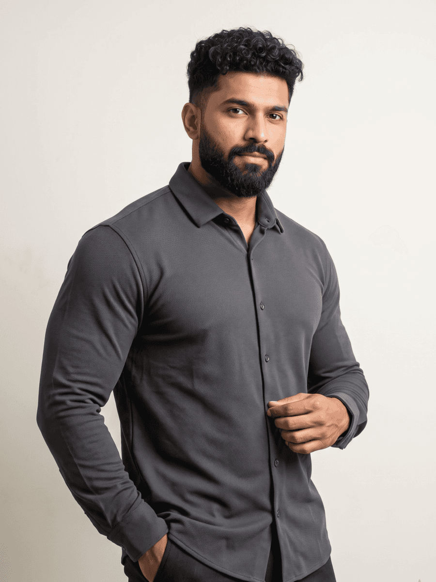 VERSIQ Full-Sleeve Pique Shirt - Pencil Gray