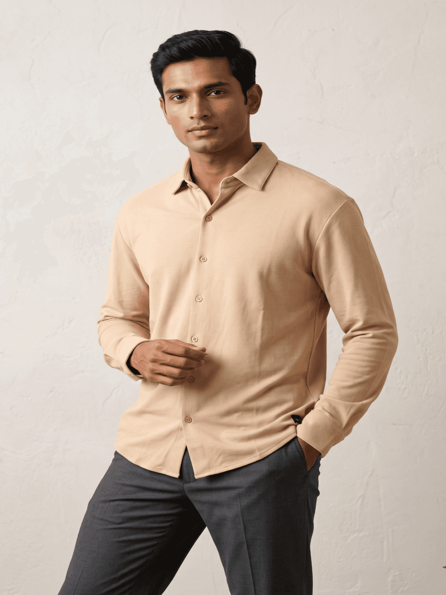 VERSIQ Full-Sleeve Pique Shirt - Beige