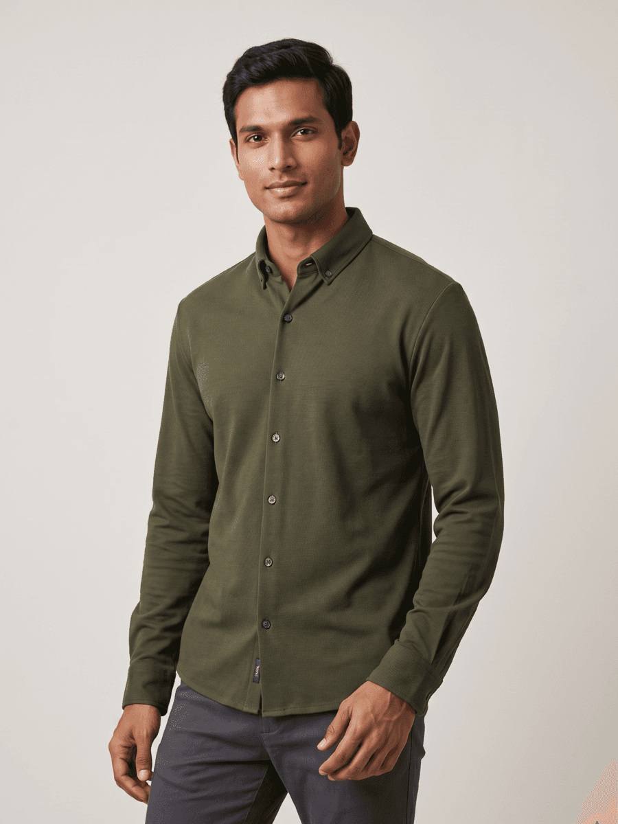 VERSIQ Full-Sleeve Pique Shirt - Olive Green