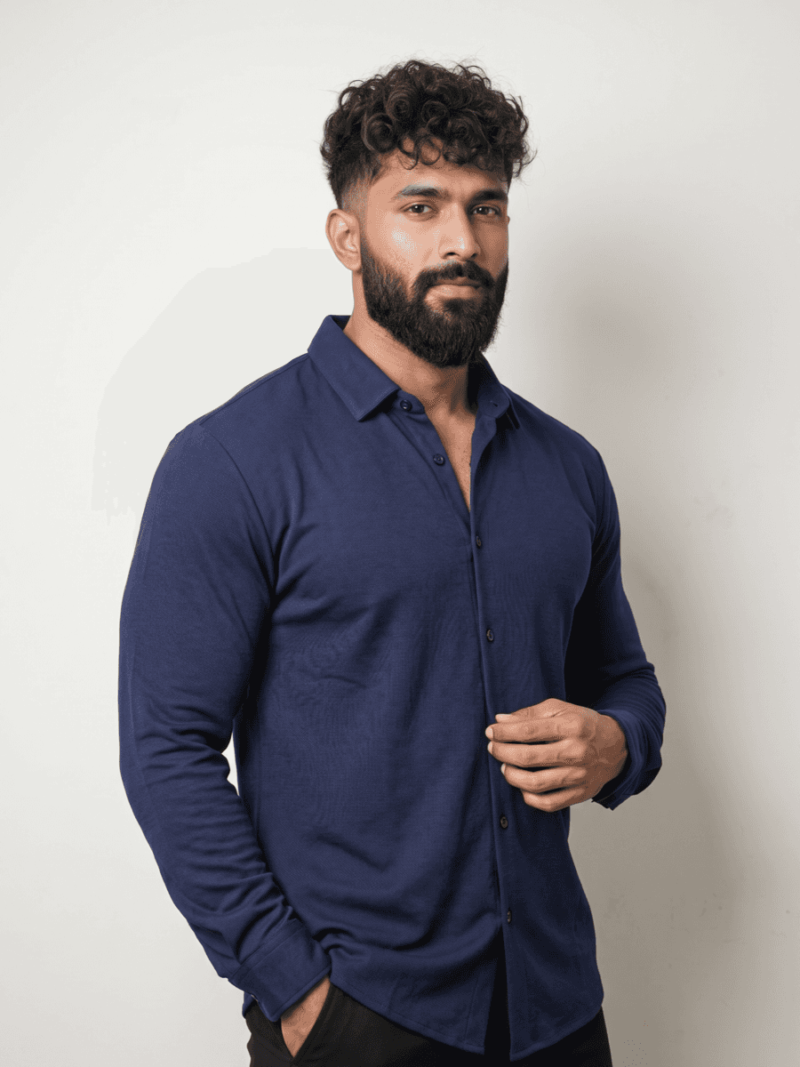 VERSIQ Full-Sleeve Pique Shirt - Navy Blue